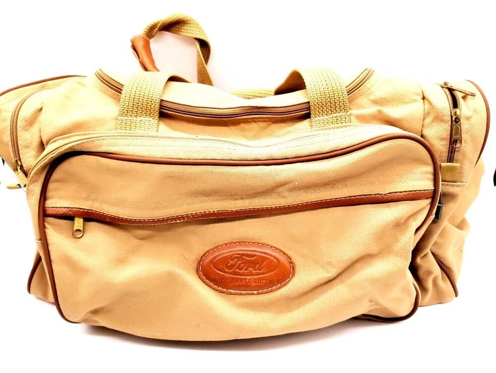 Vintage Ford Edition Eddie Bauer Duffle Bag Canvas Tan Weekender Military